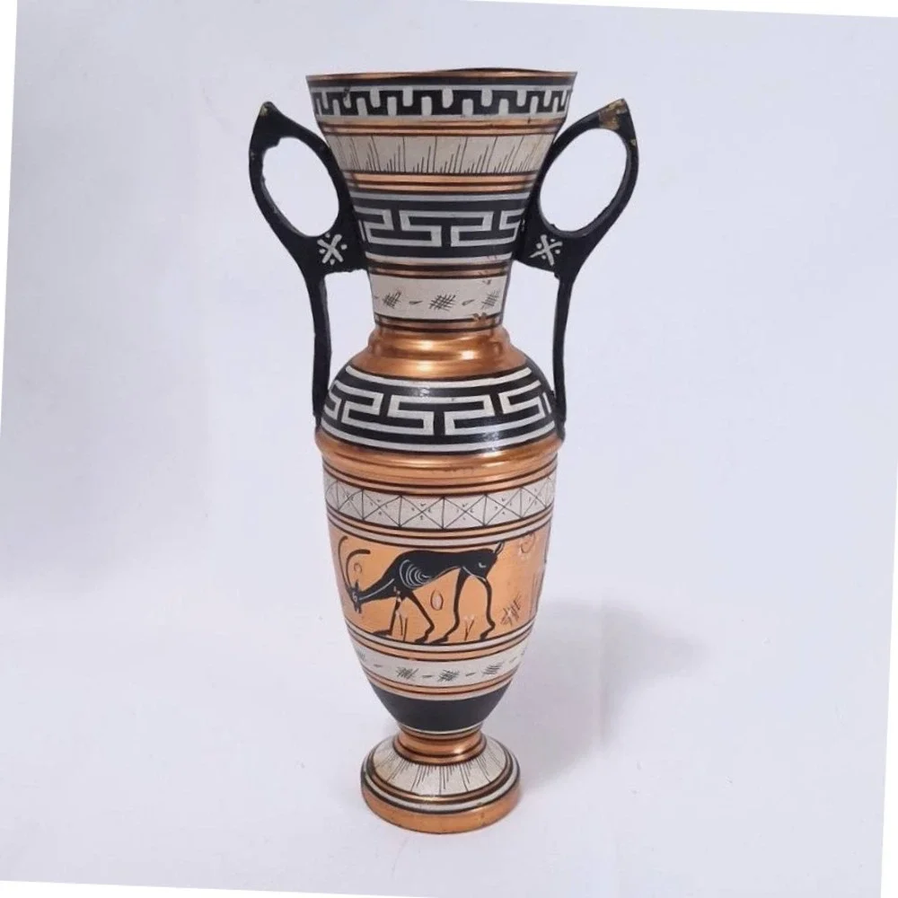 Vintage Greek Copper Vase Urn Amphora Double Handle Hand Painted‎ Deer, 9" Tall
